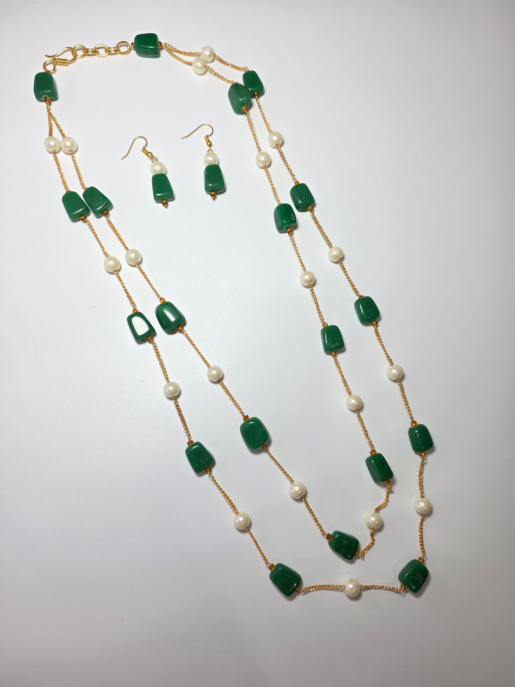 Pearl & Green Bead Double Layer Chain