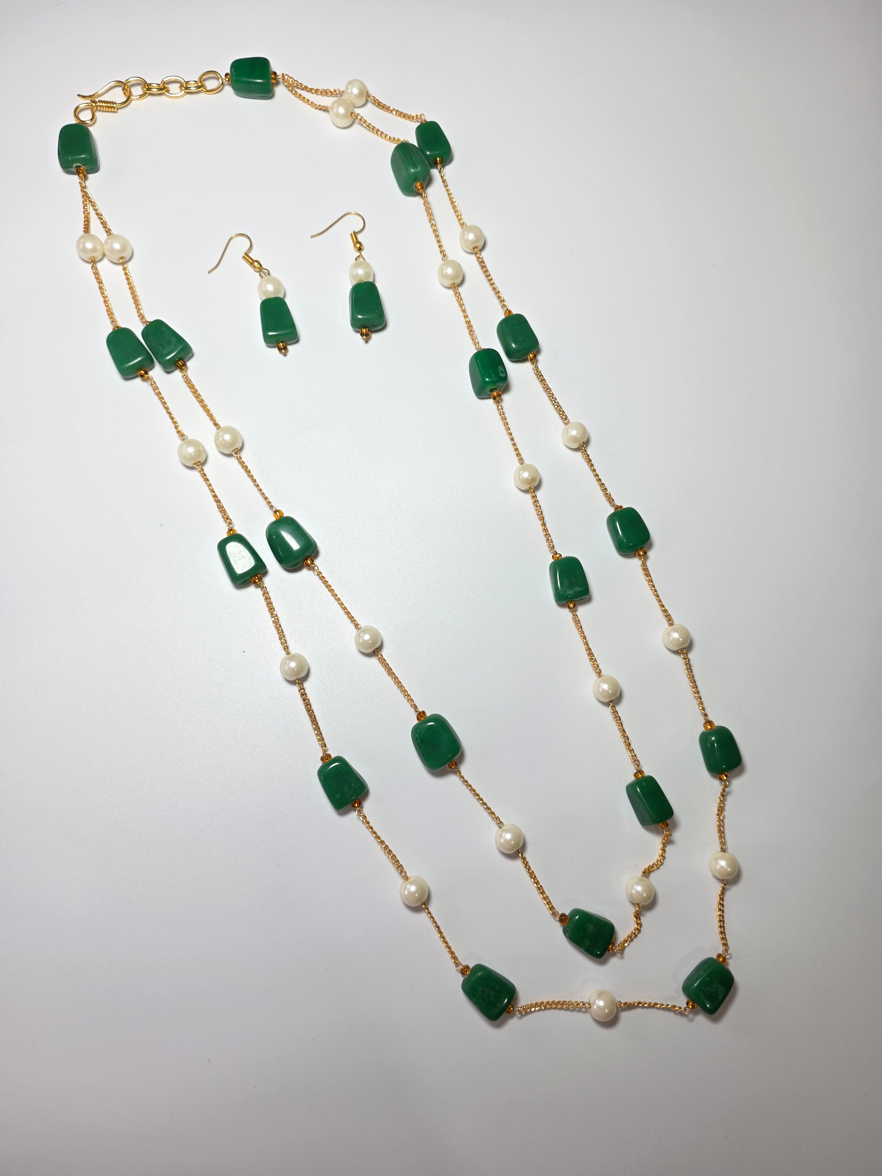 Pearl & Green Bead Double Layer Chain