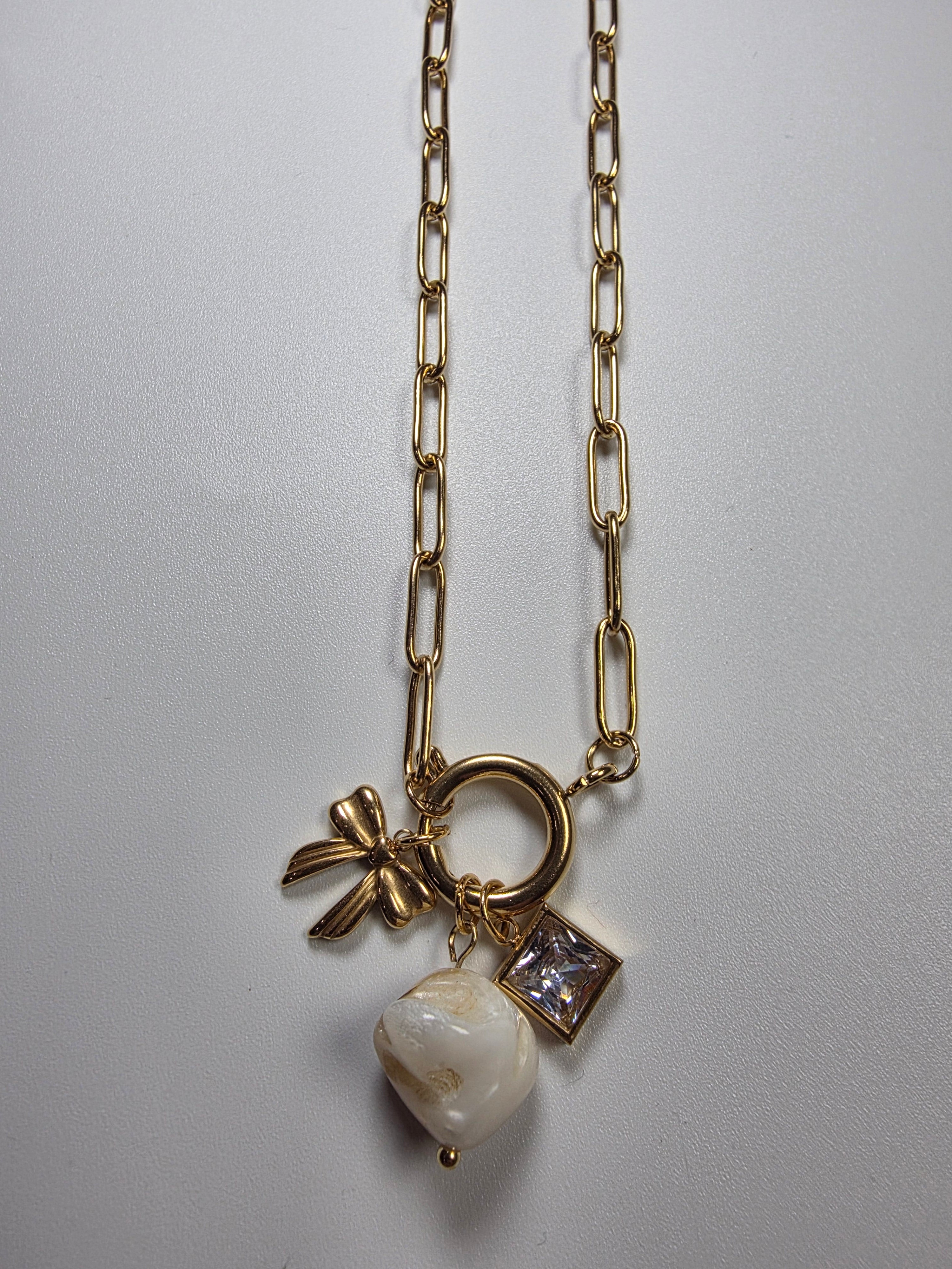 Link Necklace Bow Pearl Stone