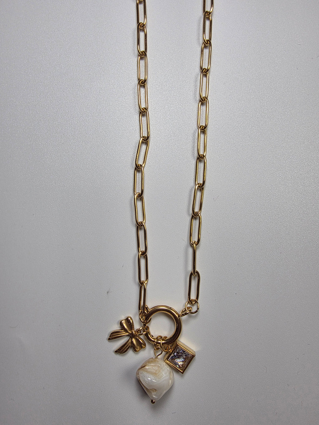 Link Necklace Bow Pearl Stone