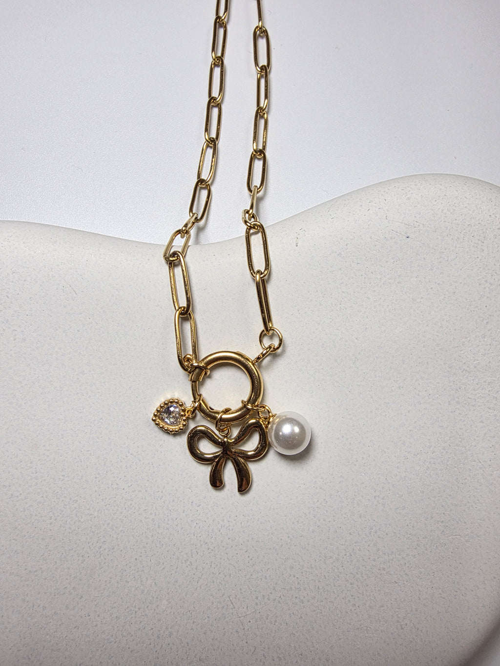 Bow Heart Pearl Link Necklace