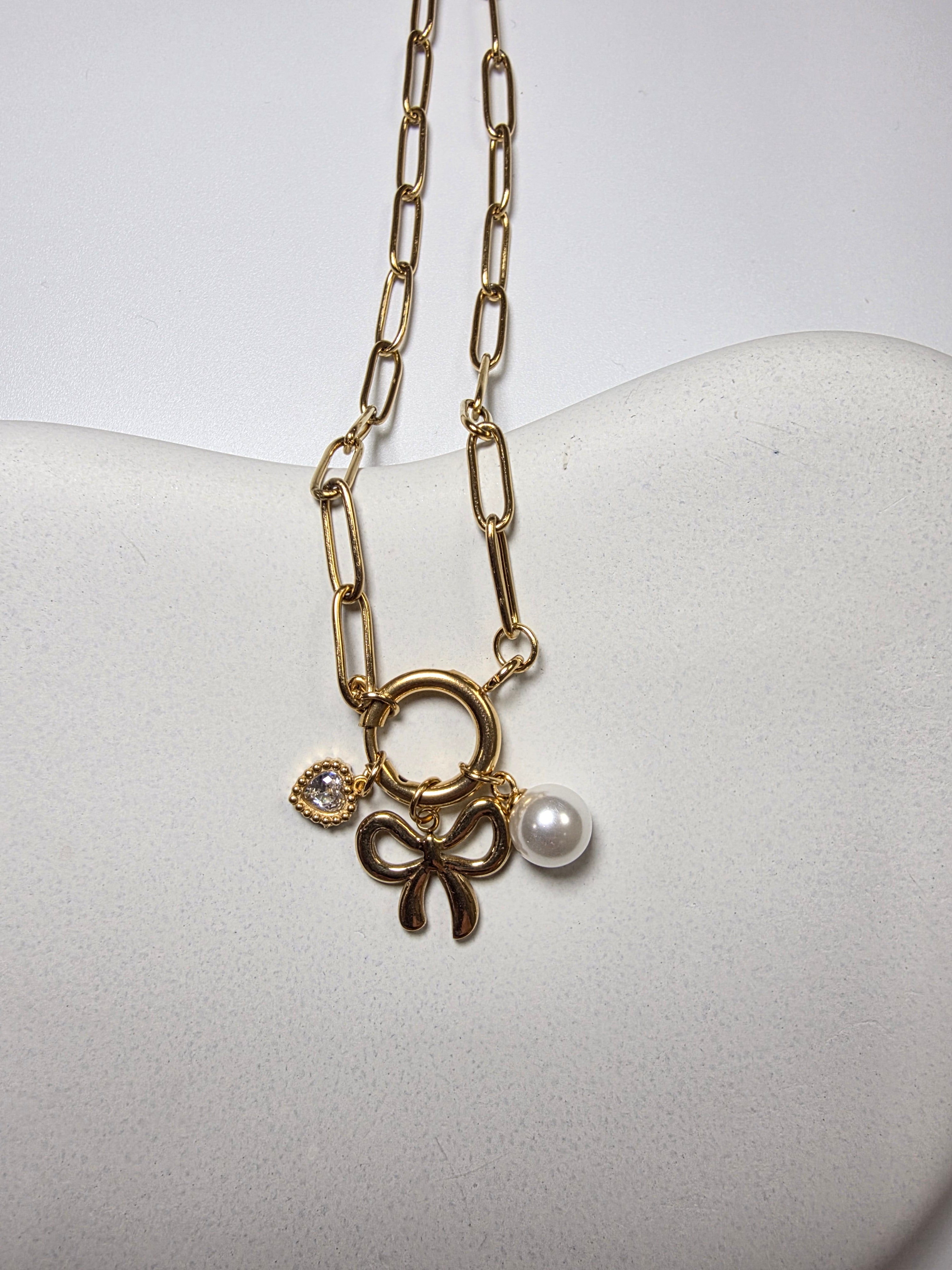 Bow Heart Pearl Link Necklace