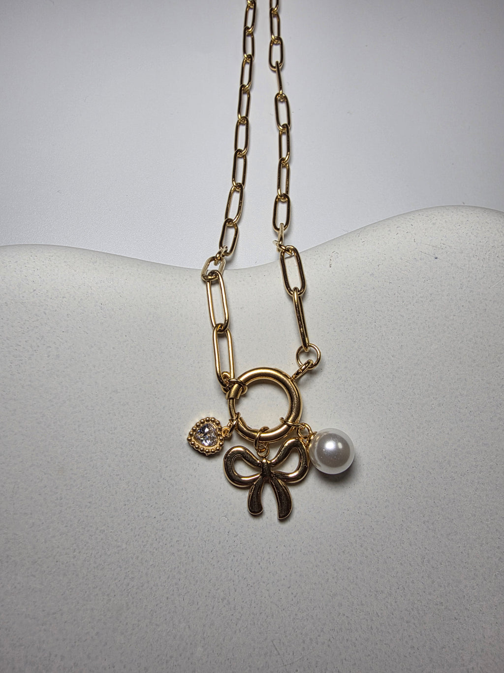 Bow Heart Pearl Link Necklace