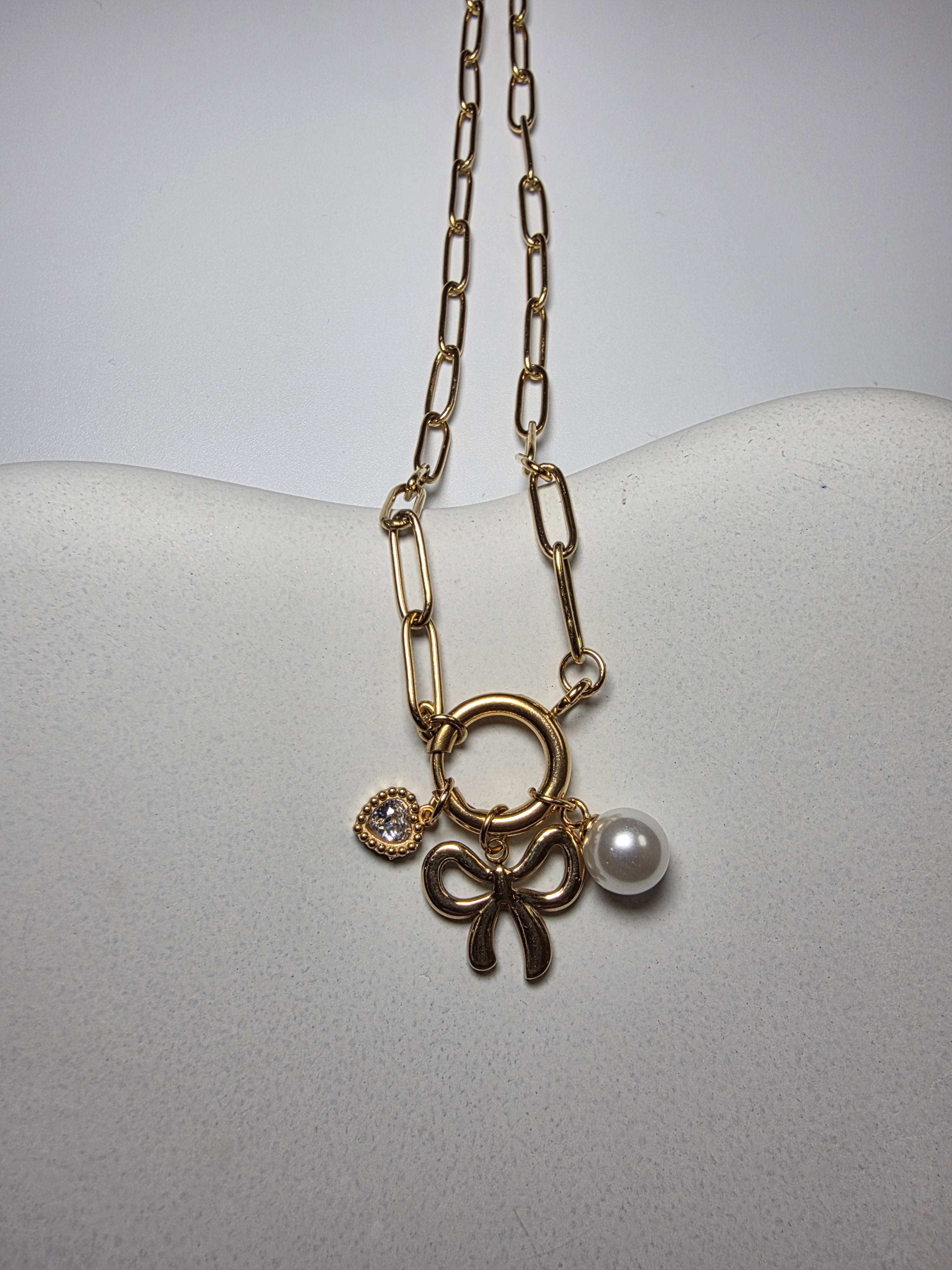 Bow Heart Pearl Link Necklace