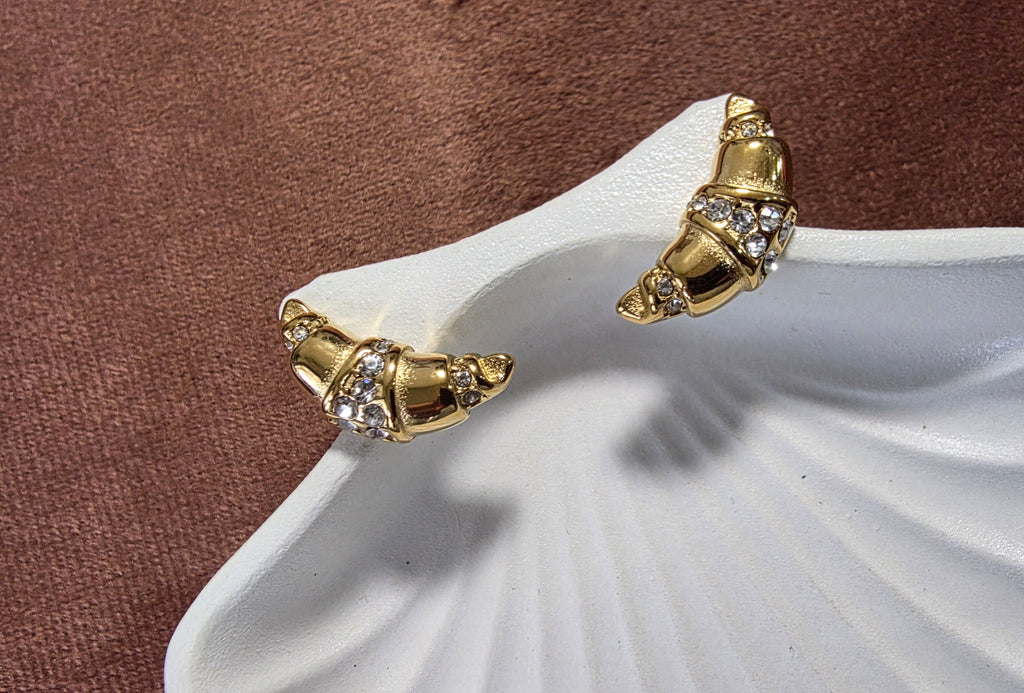 Pavé Croissant Studs - White
