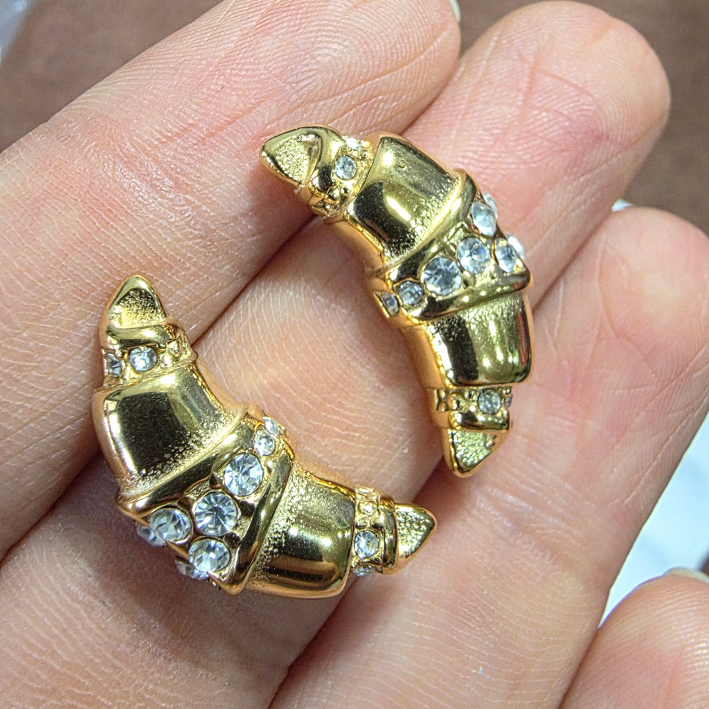 Pavé Croissant Studs - White