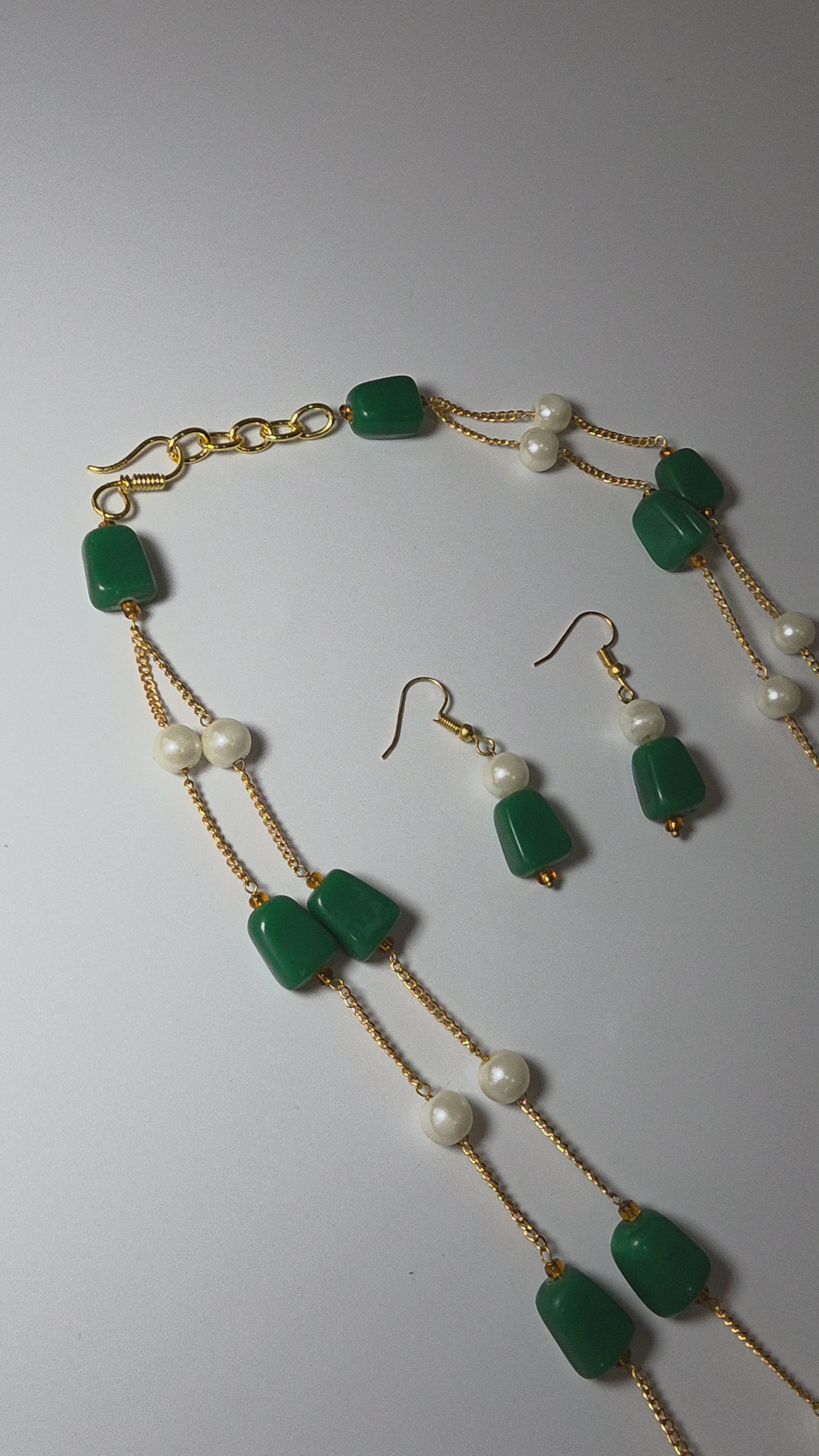 Pearl & Green Bead Double Layer Chain